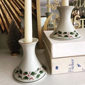 Pair of porcelain Christmas Holly Candle Holders
